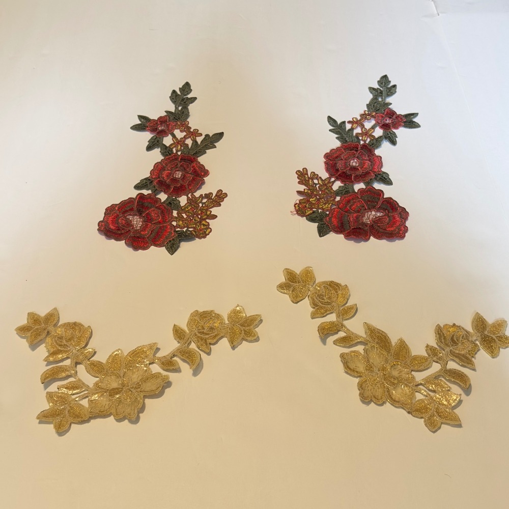 4pc Floral Embroidered Applique Patches Red Rose Gold Metallic Sew On - Picture 4 of 7